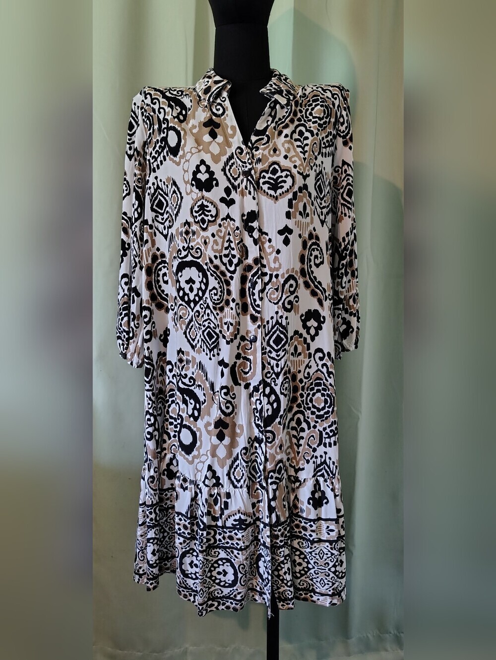 Mlle Gabrielle Black and Beige Printed Tunic Dress Button Up Women Medium NWT - Picture 1 of 10